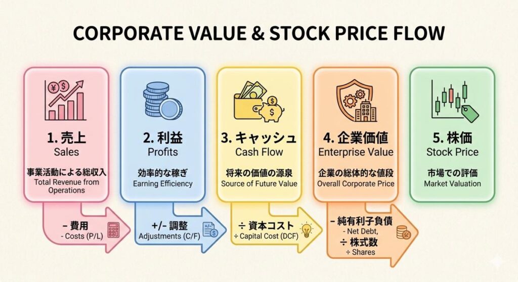 売上 → 利益 → キャッシュ → 企業価値 → 株価 の流れを示す図