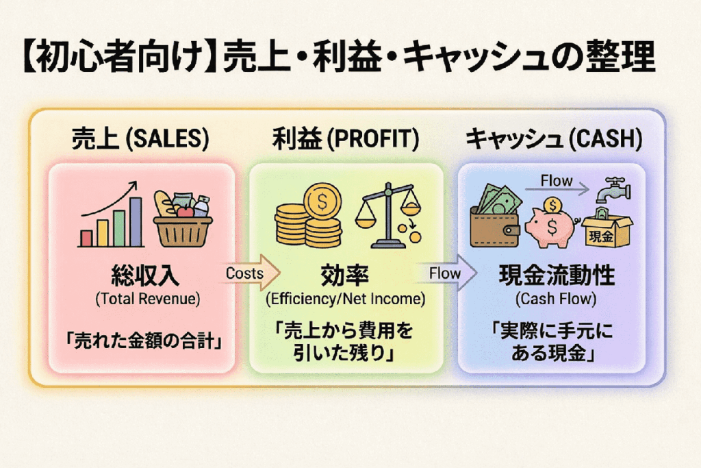 売上・利益・キャッシュの違いを初心者向けに整理した図