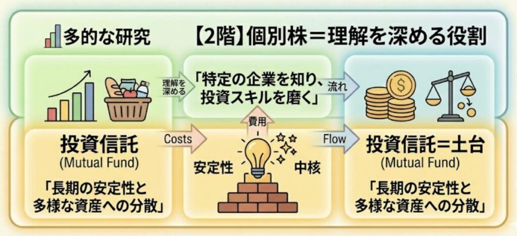 投資信託＝土台、個別株＝理解を深める役割、という2階建ての図